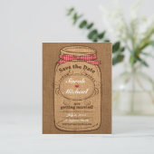 Red Gingham & Burlap Mason Jar Bewaar de datum Aankondigingskaart (Staand voorkant)