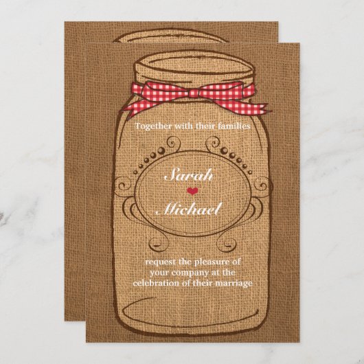 Red Gingham & Burlap Mason Jar bruiloft Kaart (Voorkant / Achterkant)