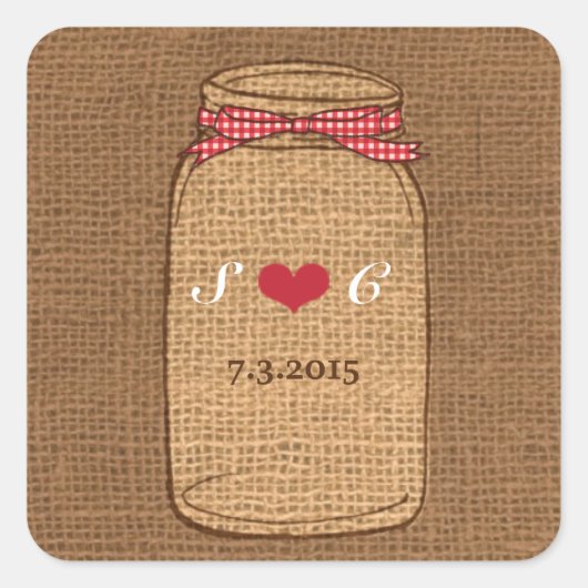 Red Gingham & Burlap Mason Jar bruiloft Vierkante Sticker (Voorkant)