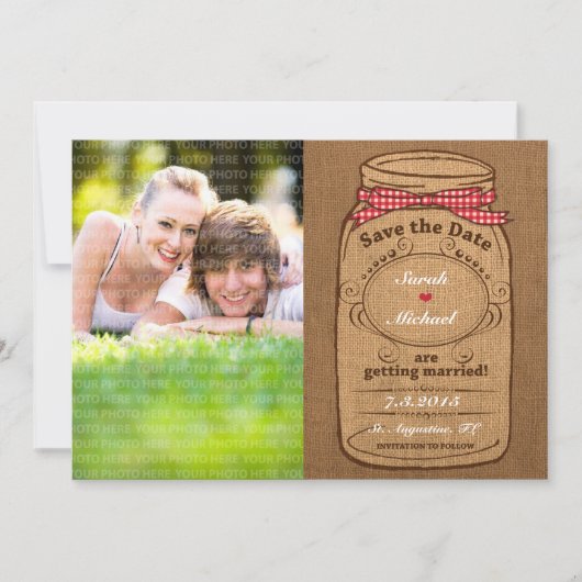 Red Gingham & Burlap Mason Jar Foto Bewaar de datu Save The Date (Voorkant)