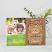 Red Gingham & Burlap Mason Jar Foto Bewaar de datu Save The Date (Staand voorkant)