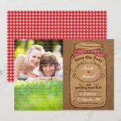 Red Gingham & Burlap Mason Jar Foto Bewaar de datu Save The Date (Voorkant / Achterkant)