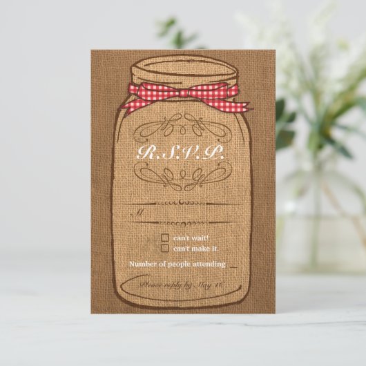 Red Gingham & Burlap Mason Jar RSVP (Staand voorkant)