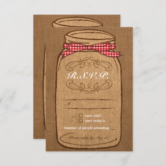 Red Gingham & Burlap Mason Jar RSVP (Voorkant / Achterkant)