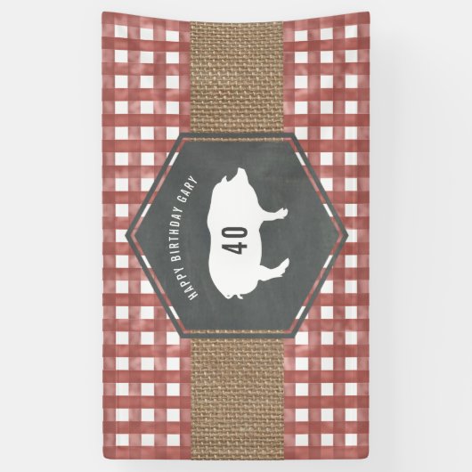 Red Gingham Burlap Pig Birthday Bbq Spandoek (Verticaal)