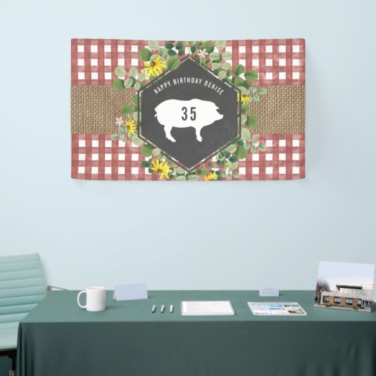 Red Gingham Burlap varken Bloemen Verjaardag BBQ Spandoek (Beurs)