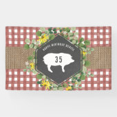 Red Gingham Burlap varken Bloemen Verjaardag BBQ Spandoek (Horizontaal)
