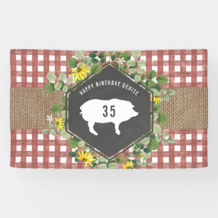 Red Gingham Burlap varken Bloemen Verjaardag BBQ Spandoek