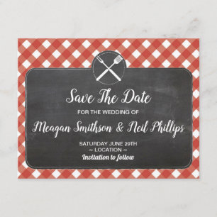 Red Gingham Chalk BBQ The Date Wedding Card Red Save The Date