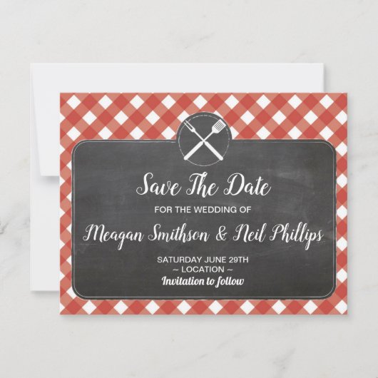 Red Gingham Chalk BBQ The Date Wedding Card Red Save The Date (Voorkant)