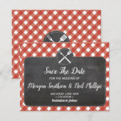 Red Gingham Chalk BBQ The Date Wedding Card Red Save The Date (Voorkant / Achterkant)
