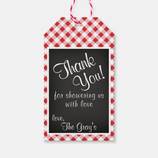 Red Gingham Check Baby shower Dank u Cadeau Label Cadeaulabel (Voorkant)