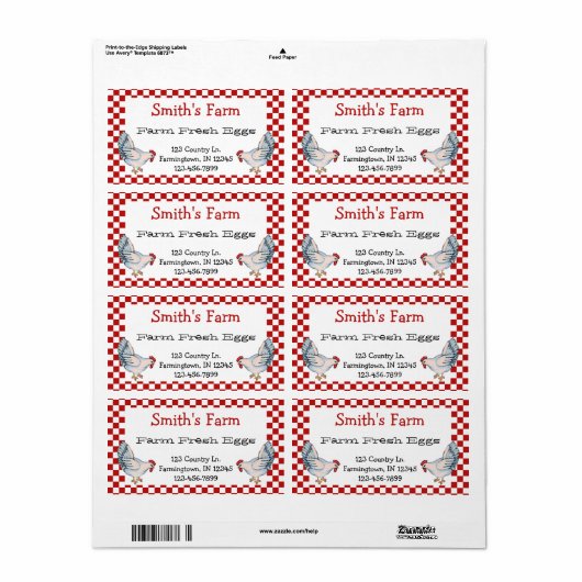 Red Gingham Check Boerderij Fresh Eggickens Label (Full Sheet)
