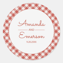 Red Gingham Check Fun Casual aangepaste bruiloft g Ronde Sticker
