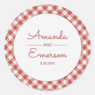 Red Gingham Check Fun Casual aangepaste bruiloft g Ronde Sticker