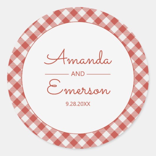 Red Gingham Check Fun Casual aangepaste bruiloft g Ronde Sticker (Voorkant)