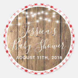 Red Gingham Check geruite rustieke houten event sh Ronde Sticker