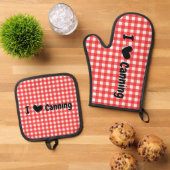 Red Gingham Check I Heart Canning Jar Ovenwant & Pannenlap Set (Top down)
