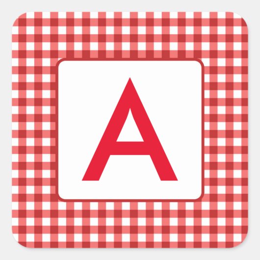 Red Gingham Check Monogram Square Stickers (Voorkant)