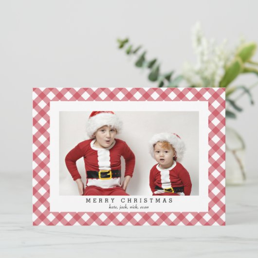 Red Gingham Check Pset-fotokaart voor Kerstmis Feestdagenkaart (Staand voorkant)