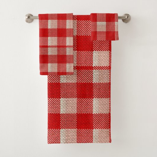 Red Gingham Checkered Pattern Burlap Kijk Bad Handdoek (Insitu)