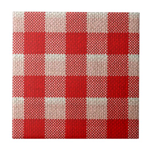 Red Gingham Checkered Pattern Burlap Kijk Tegeltje (Voorkant)