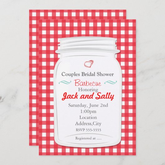 Red Gingham Country Rustic Mason Jar uitnodiging (Voorkant / Achterkant)