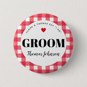 Red Gingham Country Wedding Groom's Naam Ronde Button 5,7 Cm