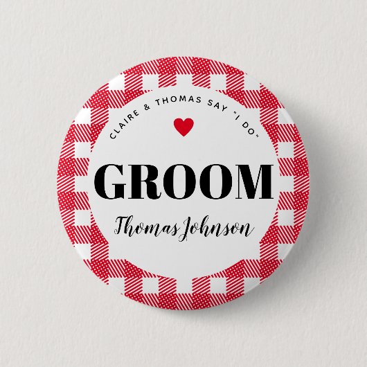 Red Gingham Country Wedding Groom's Naam Ronde Button 5,7 Cm (Voorkant)