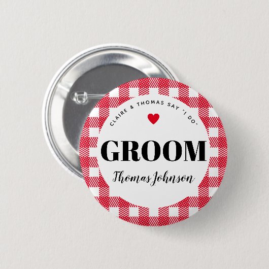 Red Gingham Country Wedding Groom's Naam Ronde Button 5,7 Cm (Voorkant /achterkant)
