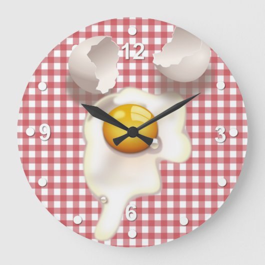 Red Gingham Cracked Egg Kitchen Wall Clock Grote Klok (Voorkant)