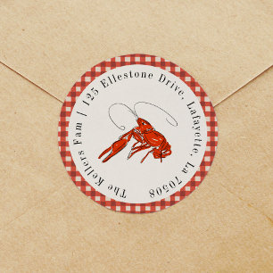 Red Gingham Crawfish Boil Seafood Retouradres Ronde Sticker