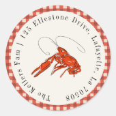 Red Gingham Crawfish Boil Seafood Retouradres Ronde Sticker (Voorkant)