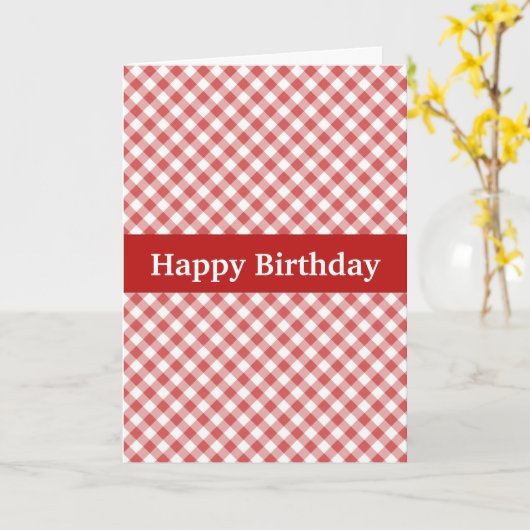 Red Gingham Custom Birthday Kaart (Gele Bloem)
