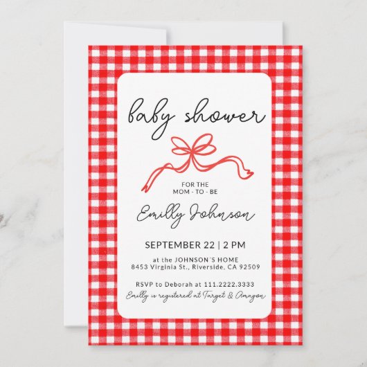 Red Gingham Cute Bow Handwriting Baby Shower Kaart (Voorkant)