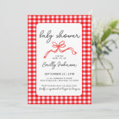 Red Gingham Cute Bow Handwriting Baby Shower Kaart (Staand voorkant)
