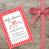 Red Gingham Cute Bow Handwriting Baby Shower Kaart