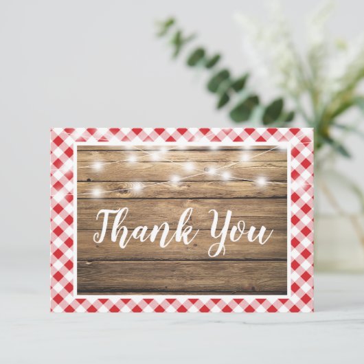 Red Gingham Dank u rustieke houten event douche Bedankkaart (Staand voorkant)