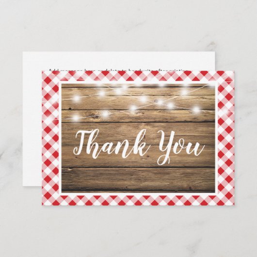 Red Gingham Dank u rustieke houten event douche Bedankkaart (Voorkant / Achterkant)
