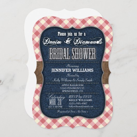 Red Gingham, Denim bruids douche uitnodiging (Voorkant / Achterkant)