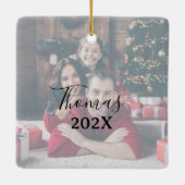 Red Gingham Elegant Tweezijdig 2 Foto Kerstmis Keramisch Ornament (Achterkant)