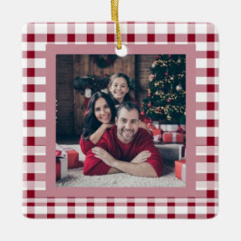 Red Gingham Elegant Tweezijdig 2 Foto Kerstmis Keramisch Ornament