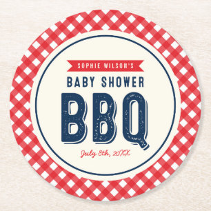 Red Gingham en Blue Baby shower BBQ Party Ronde Kartonnen Onderzetter