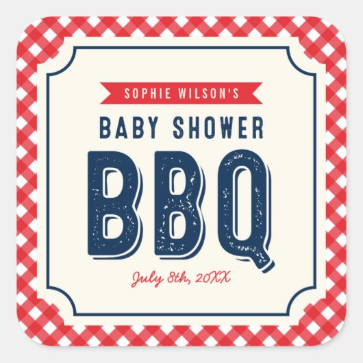 Red Gingham en Blue Baby shower BBQ Party Vierkante Sticker (Voorkant)