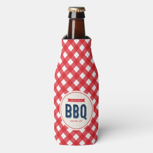 Red Gingham en Blue BBQ Party Flesjeskoeler (Fles Voorkant)