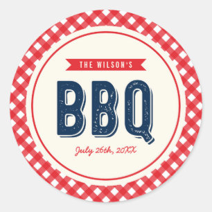 Red Gingham en Blue BBQ Party Ronde Sticker