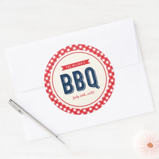 Red Gingham en Blue BBQ Party Ronde Sticker (Envelop)