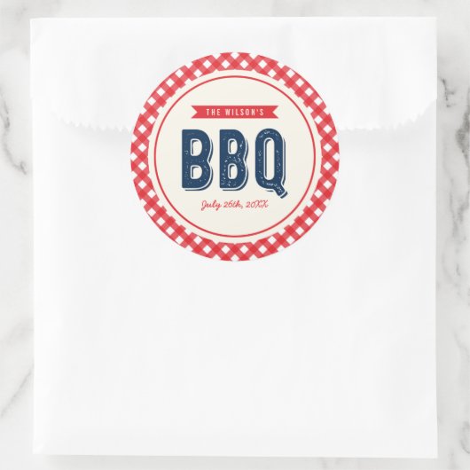 Red Gingham en Blue BBQ Party Ronde Sticker (Tas)
