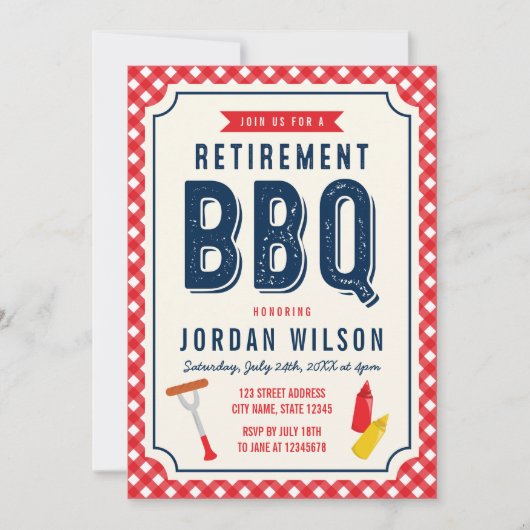 Red Gingham en Blue Retirement Party BBQ Kaart (Voorkant)