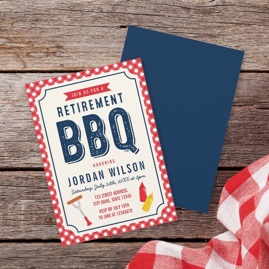 Red Gingham en Blue Retirement Party BBQ Kaart